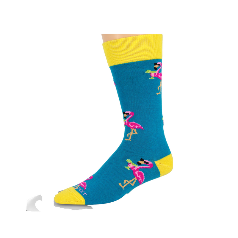 FBF Flamingo Chill Sock has birds holding drinks and wearing Sun Glasses.