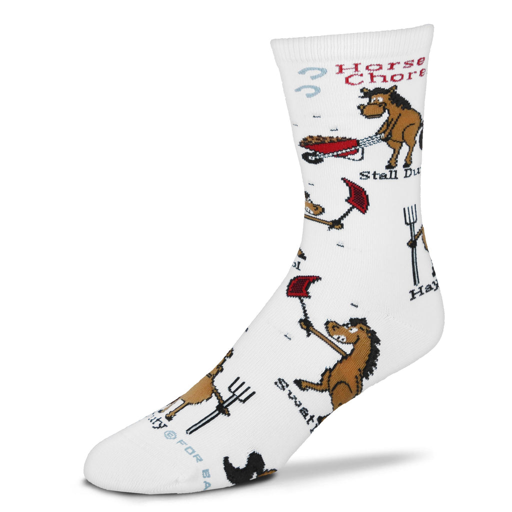 White sock with funny horse-themed illustrations and text on a white background