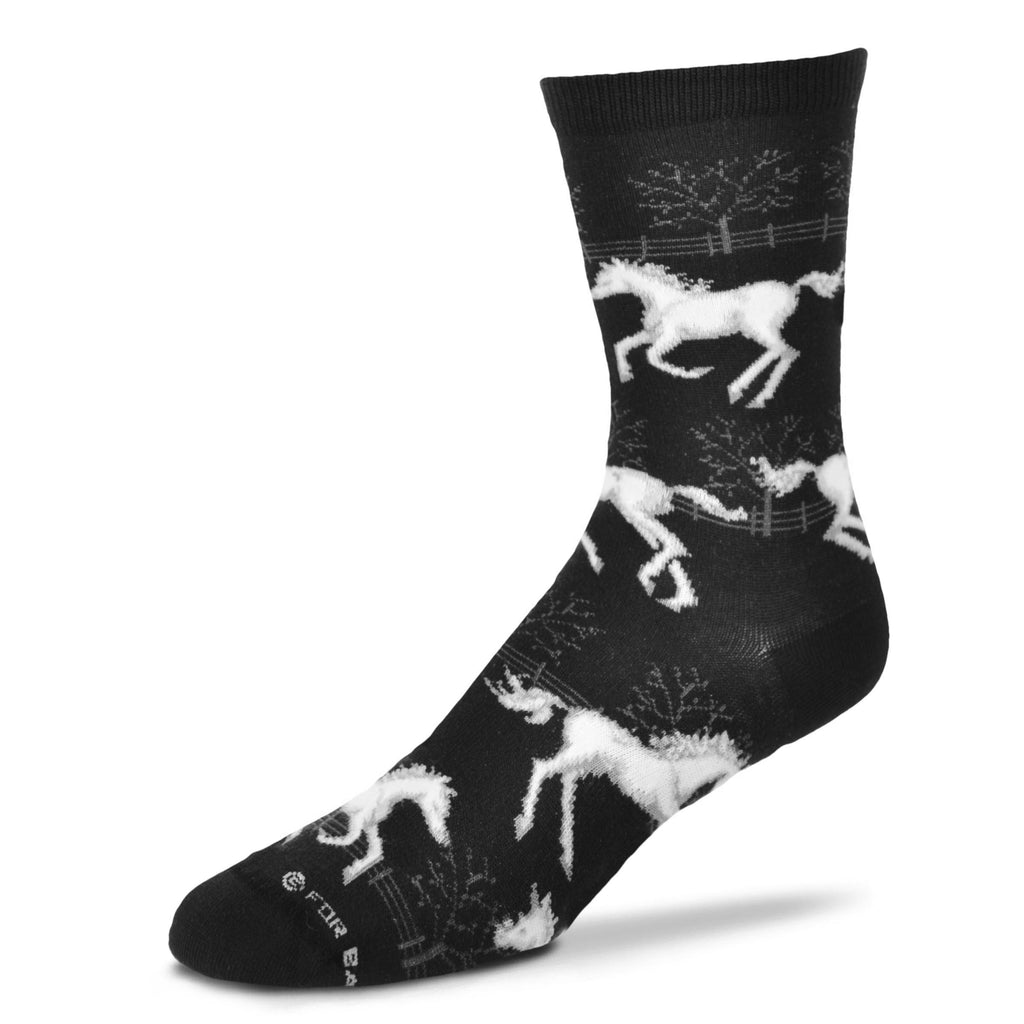 Black sock with white horse designs on a white background