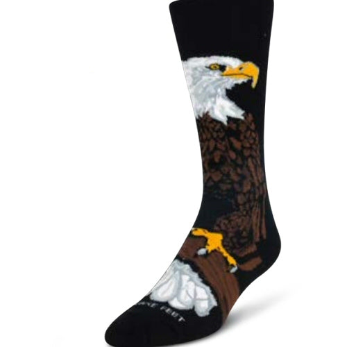 On a Black background is the FBF Realistic Bald Eagle Sock. White Feathers Goldenrod Eyes and Beak Browns and Black Feathers with Goldenrod Claws holding tight around a Tree Branch.