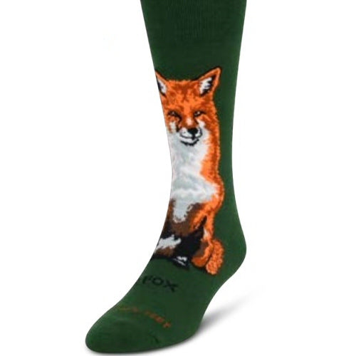 On the background of Forrest Green sits a Red Fox on the front of this Sock. Tawny and Titian Red, Black, White and Grey make his Fur. Underneath in Black reads Red Fox.