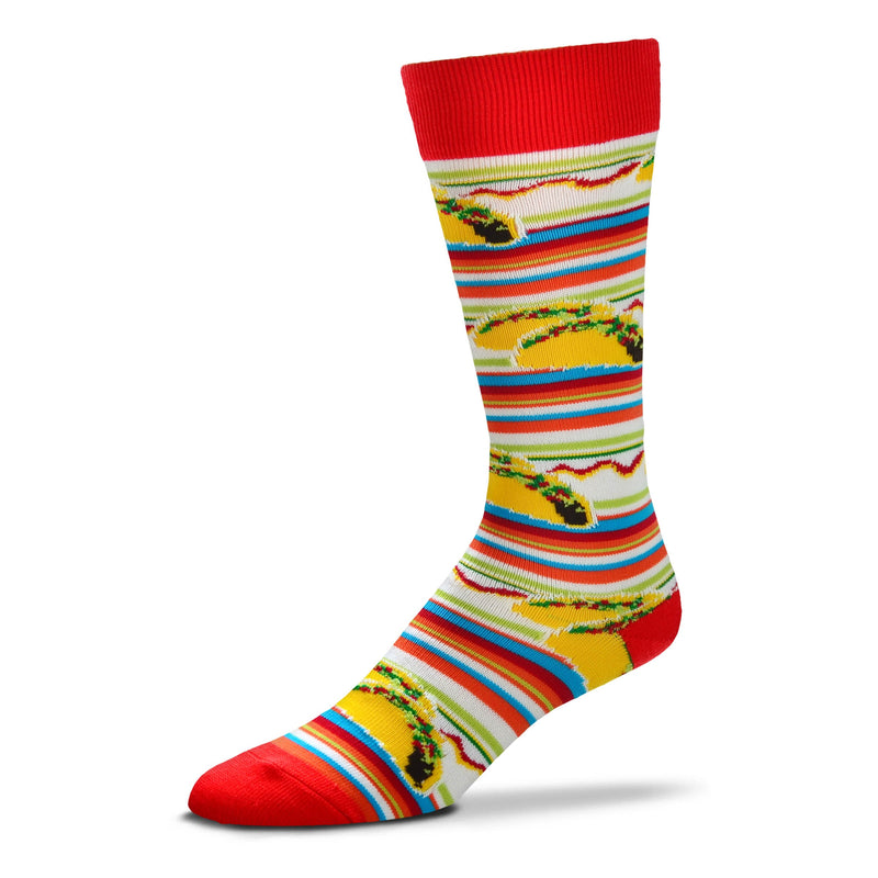 FBF Taco Tuesday Sock begins on a White background. Rosewood is the Cuffs, Heels, and Toes. Also row lines, plus Mahogany, Lawn Green, Avocado, Cerulean, and Caramel for the Taco Shell. The meat is Black Bean. The Vegies are the colors of the Rows except Cerulean.