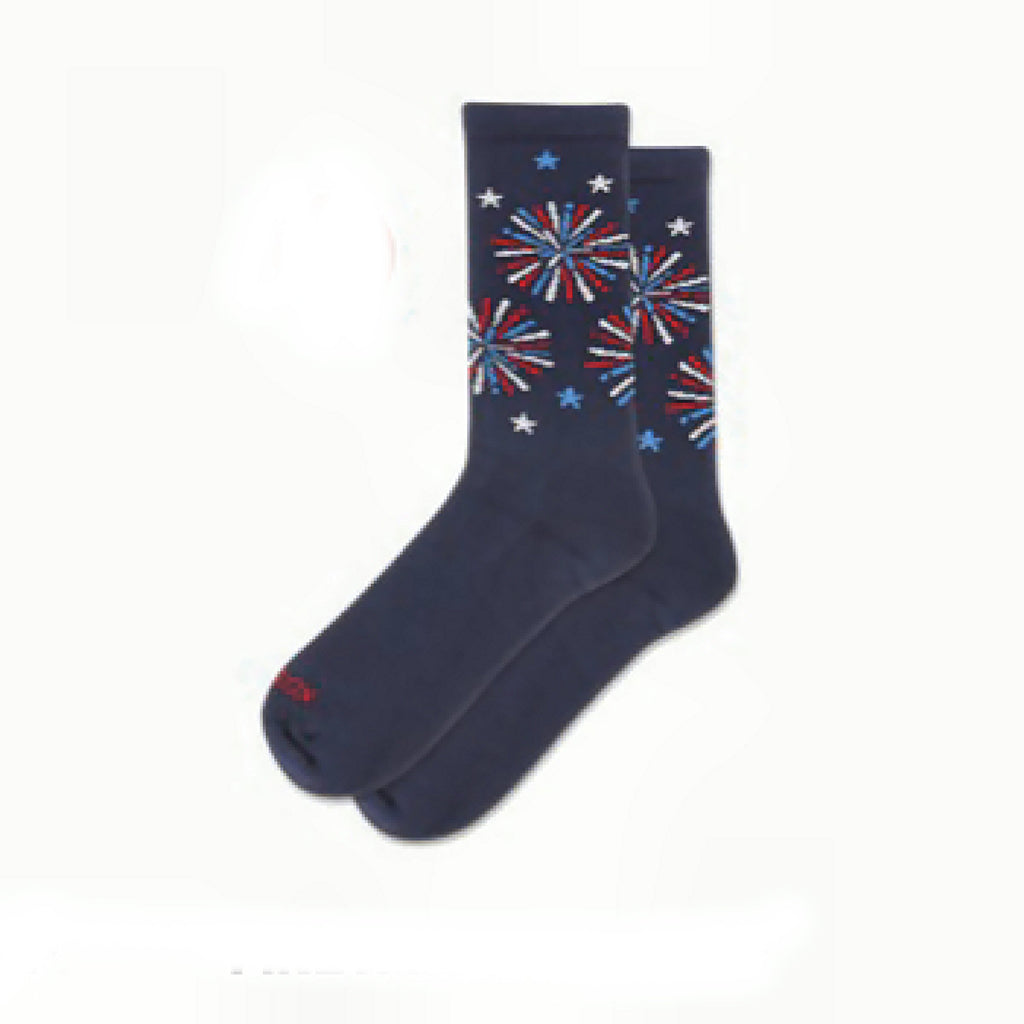 Navy socks with red, white, and blue fireworks and star designs on a white background