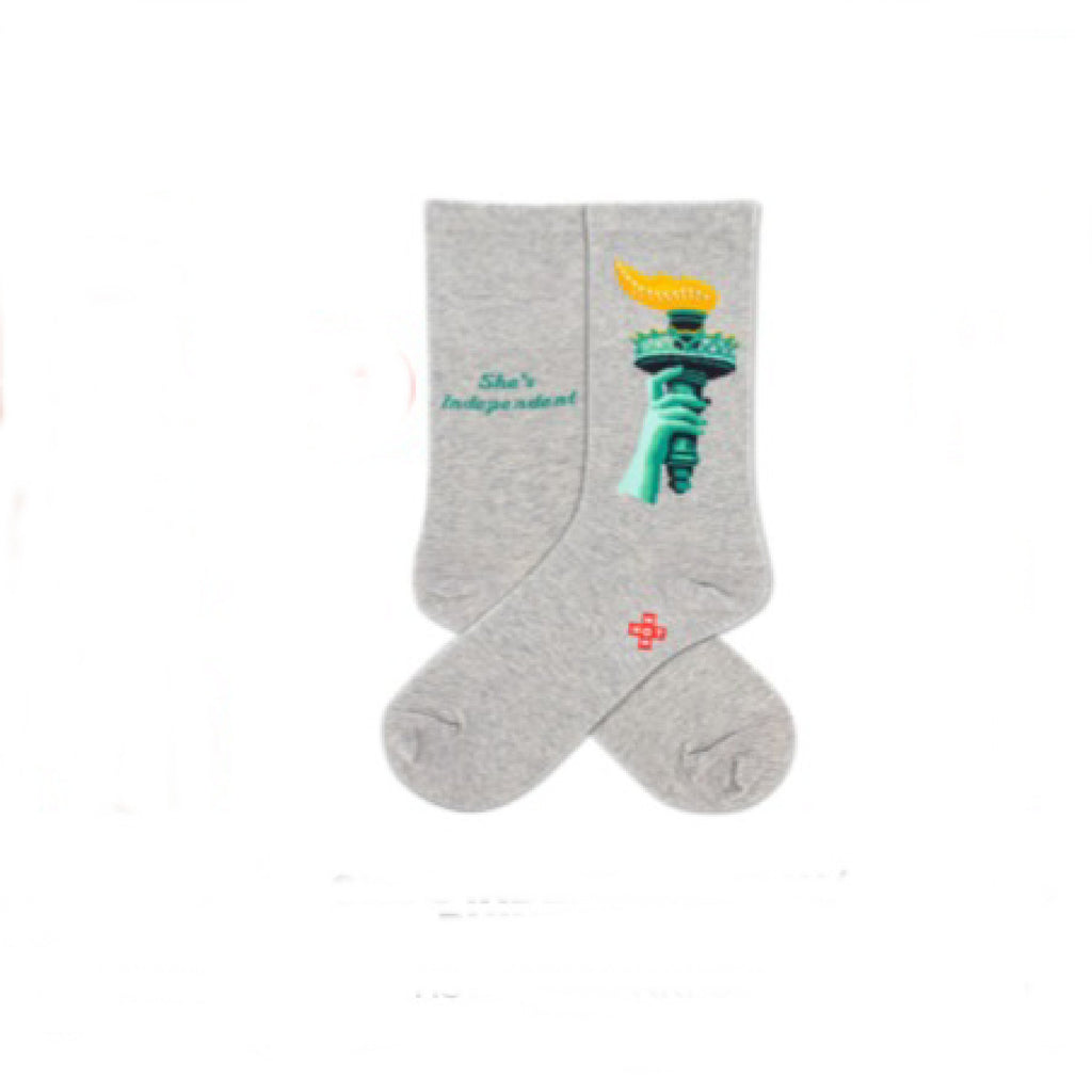 Gray sock with a Statue of Liberty design on a white background