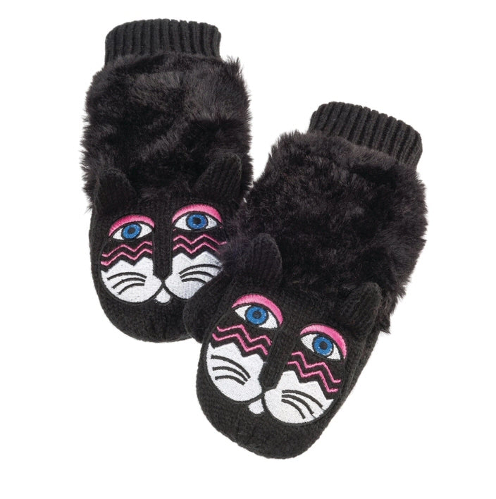 Black Mitten with Acrylic Fur and knitted Ears. The Cat's Face is on the Back of the Mitten, Brilliant Rose, Silver, Zaffre Blue and White.