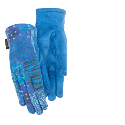 Laurel Burch Patchwork Sueded Touchscreen Gloves are made with many Dark to Light Blues. The Patches are all different shapes inside like Dots, Swirls and Triangles.