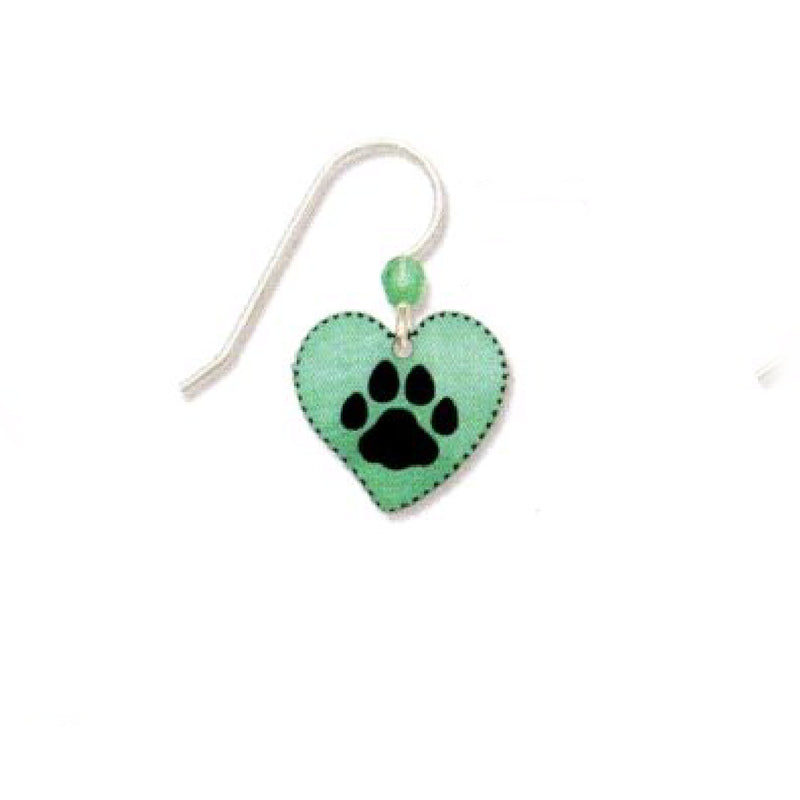Heart-shaped earring with a black paw print design on a white background