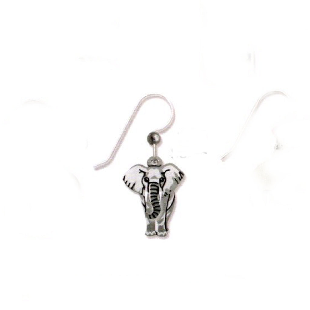 Silver elephant-shaped earrings on a white background