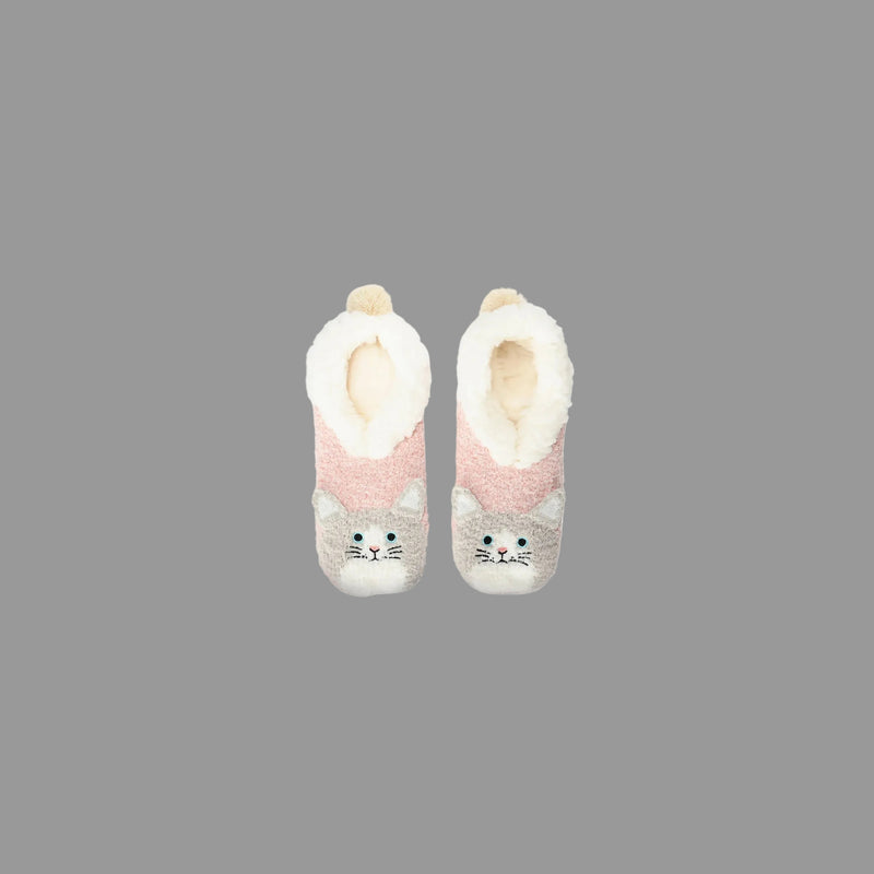 Pair of cat-themed Slippers with fur-lined toes on a Grey background