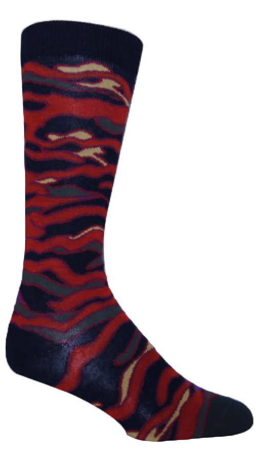 Ozone Wave Sock can be a Novelty or a Dress Sock. The Cuff, Heel and Toes are Black. The Wave print Colors are Red, Vermilion, Hunter Green, Goldenrod and are surrounded by Red to make more Waves.