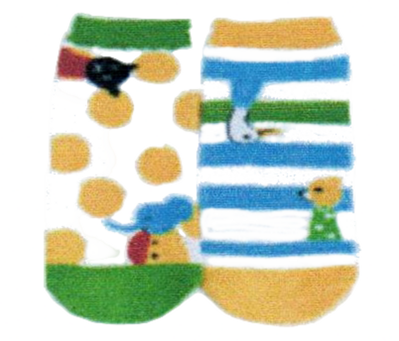 hinzi Katoh makes this Mismatched pair of Socks fun with his Designs. Polka Dots and Stripes are on one of the Socks. Fox, Bear, Elephant, Goose