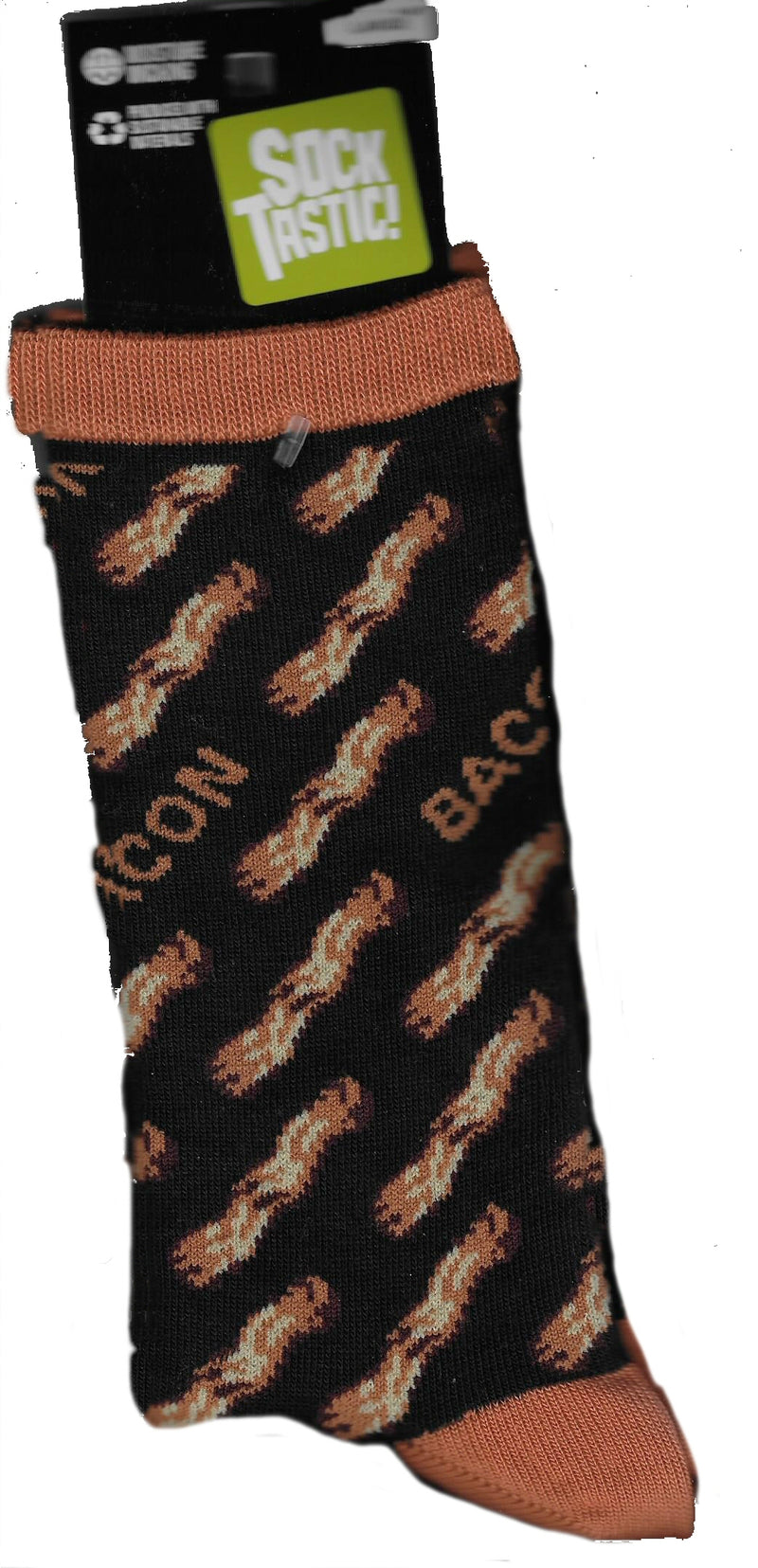 Socktastic Bacon Sock is Black background with Rust Cuffs, Heels and Toes. It has Bacon in Rows and the Word Bacon interspersed.