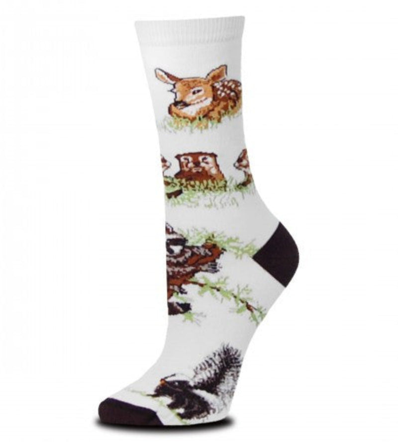 Woodland Creatures has a White background and Black Toes and Heels. Creatures are a Fawn, a family of Squirrels, a Raccoon, a Skunk and a Baby Black Bear.