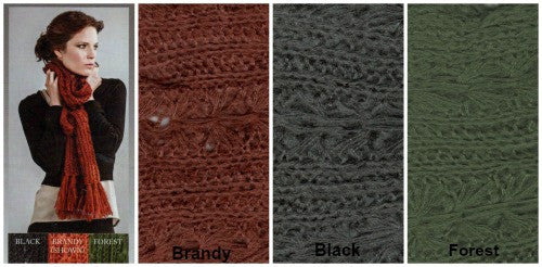 Collage of the Zazou Madeleine Scarf with Fringe on Model with the two colors available, Brandy, Black.
Forest has been sold!