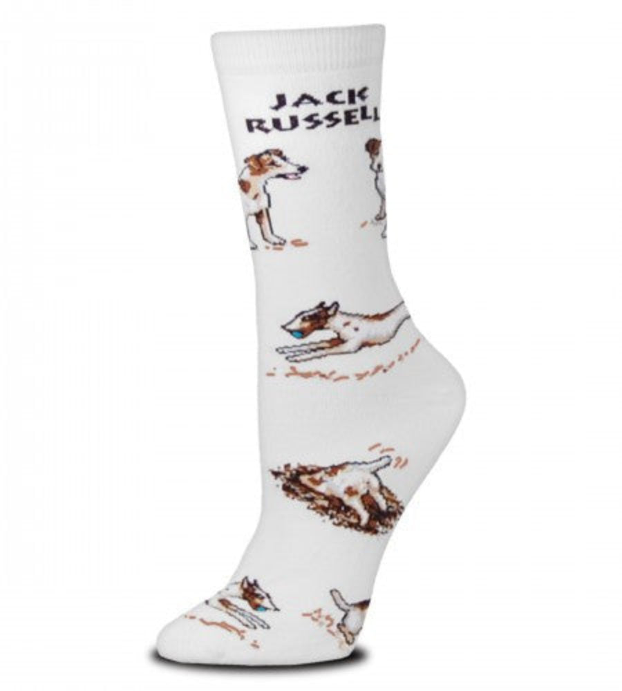 On a Bright White background FBF shows off the Jack Russell Dog Poses 2 Sock. At the top it says in Bold Black print, Jack Russell. Then it has him running and digging, sitting and standing. He is White and Dark Brown with Black.