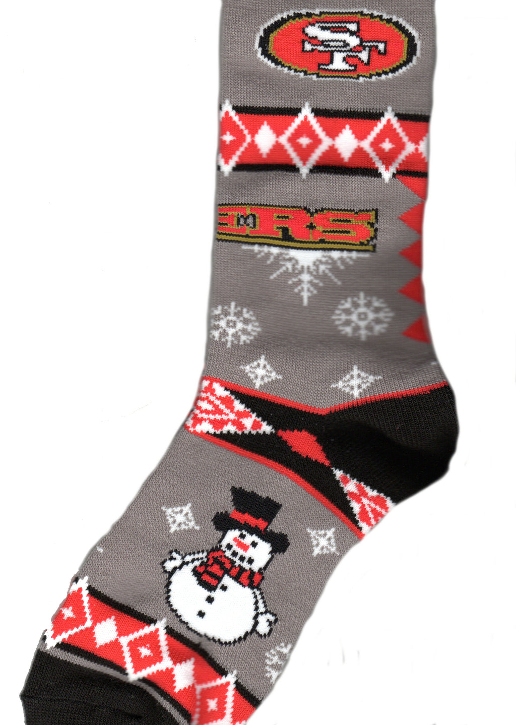 For Bare Feet San Francisco 49ers Holiday Blanket Motif Sock starts on a Dark Grey background. The Cuffs, Heels and Toes are Black. The Sock has a great Big 49ers in Red, Black and Gold. Snow Flakes and Diamonds Patterns are next. Then between the Heel and Toes are Frosty. In His normal attire.