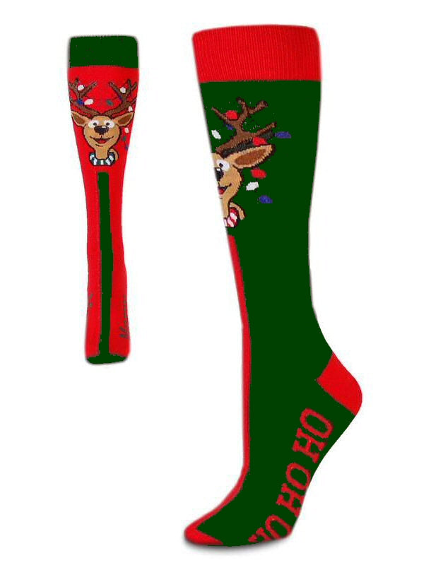FBF Reindeer Lights Big Top Mismatch Novelty Socks showing how each side looks. One Red side says North and Merry Christmas. The Green Side says Pole and HO HO HO. Each side has a Reindeer smiling with Christmas Lights wrapped around his Antlers.