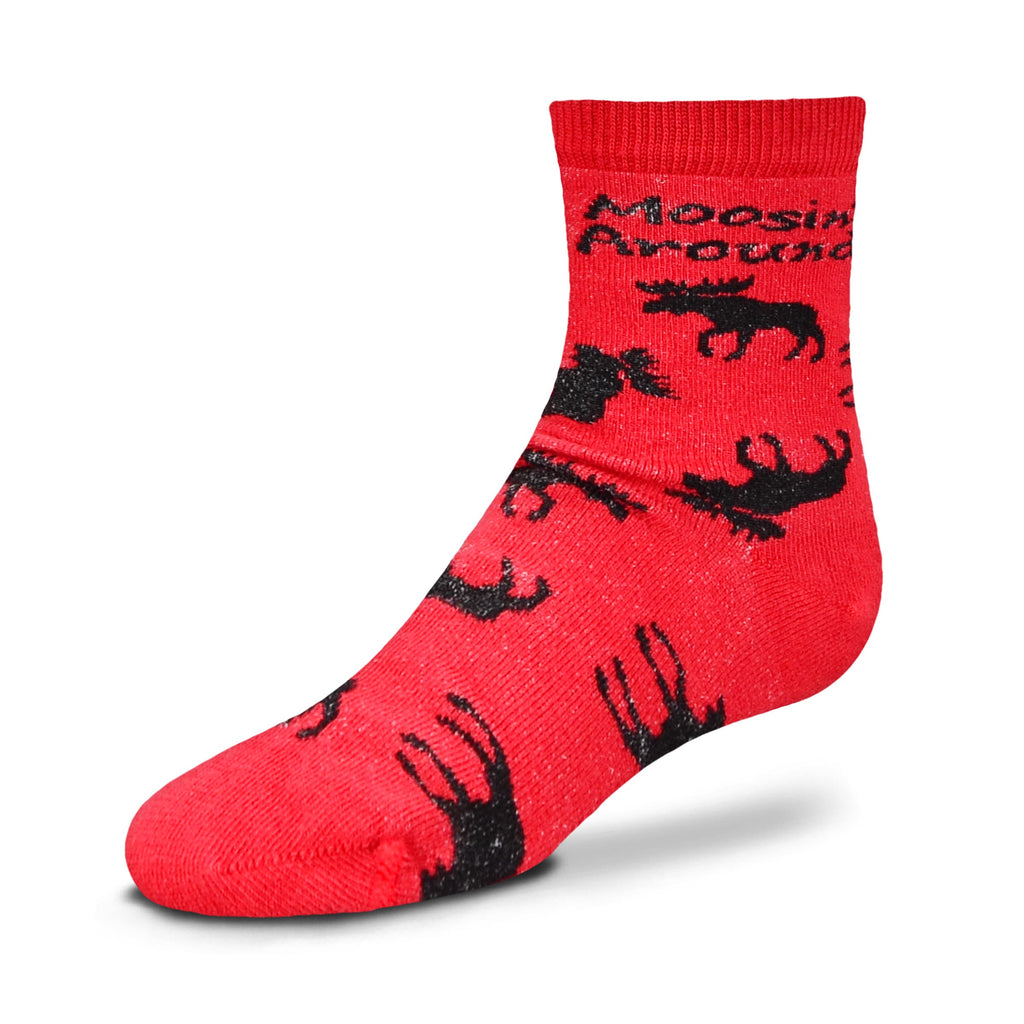 For Bare Feet Moosin' Around Childrens Socks come in Child and Youth Sizes. They are Red background with Black Silhouettes of Moose all over in every direction, even upside down! With Moosin' Around in Bold Black Print just like the Medium Size.