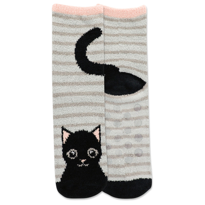 Hot Sox Womens Cat Cozy Short Non-Skid Socks are a Short Crew AKA Ankle Sock. It has a Black Cat with Grey Background. Umber Stripes and Face Details. Coral Pink finishes the Ears and Nose.