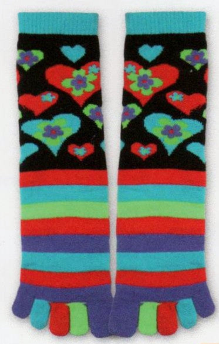 Tube Socks become Toe Socks! They are decorated with Bright Colors of Hearts, Flowers and Stripes. Red, Turquoise, Purple and Green.