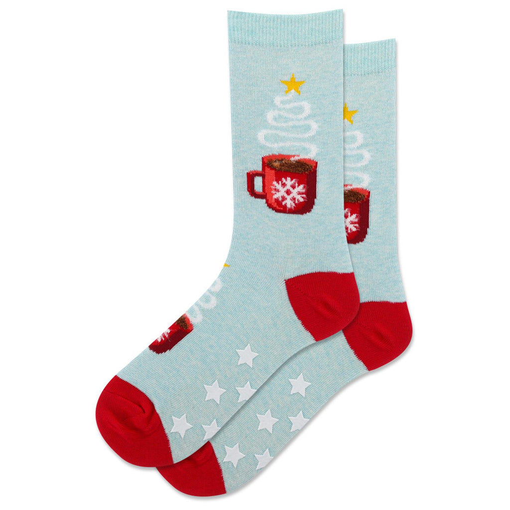 Hot Sox Womens Fuzzy Christmas Coffee Non Skid Socks is a Light Blue with Red Heels and Toes. The Coffee Mug has a Snowflake on it. The steam floats up like a tree to a Star. Repeats at the Foot. White Stars are the Non Skid.