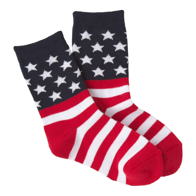 K Bell American Made Kids American Flag Socks are made with imported yarn but made here. Our Flag starts with a Flag Blue with Bright White 5 Pointed Stars. Then the Red and White Stripes. The Heels and Toes are Red.