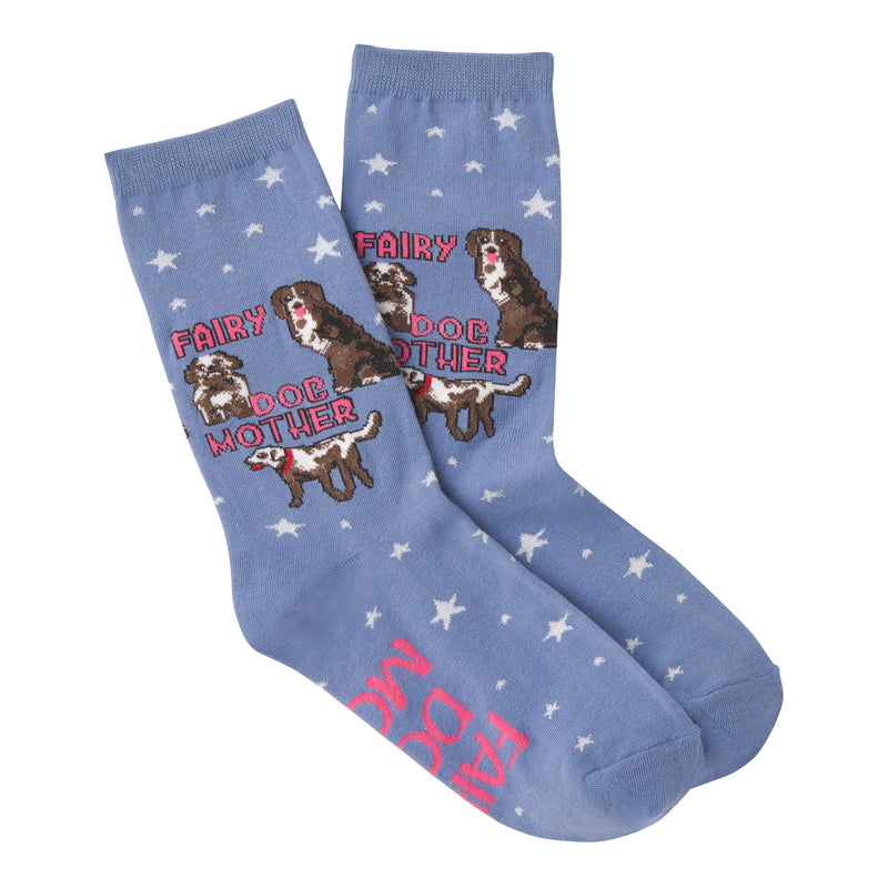 K Bell Fairy Dog Mother Sock is on a Blue background with White Five Star Fairy Dust all over. There are 3 Dogs waiting for Adoptions after their Fairy Dog Mom spiffed them up to look their best. Fairy Dog Mother is written around the 3 Dogs and on the bottom of the Sock also reads, Fairy Dog Mom.