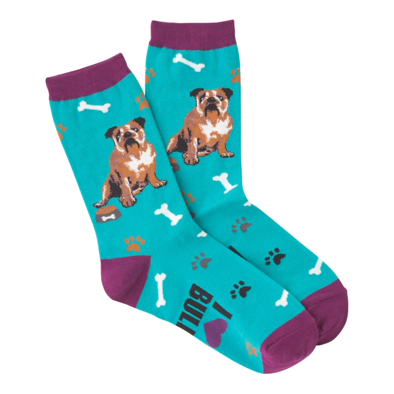 K Bell I Love My Bulldog Sock is Blue and Tyrian Purple on Cuffs Heels and Toes, it also is the color of the Heart in the words. The Bulldog is in Browns Black and White. Paw prints are all over in different colors as well as White Bones. The words say, "I Love (with a heart) my Bulldog"