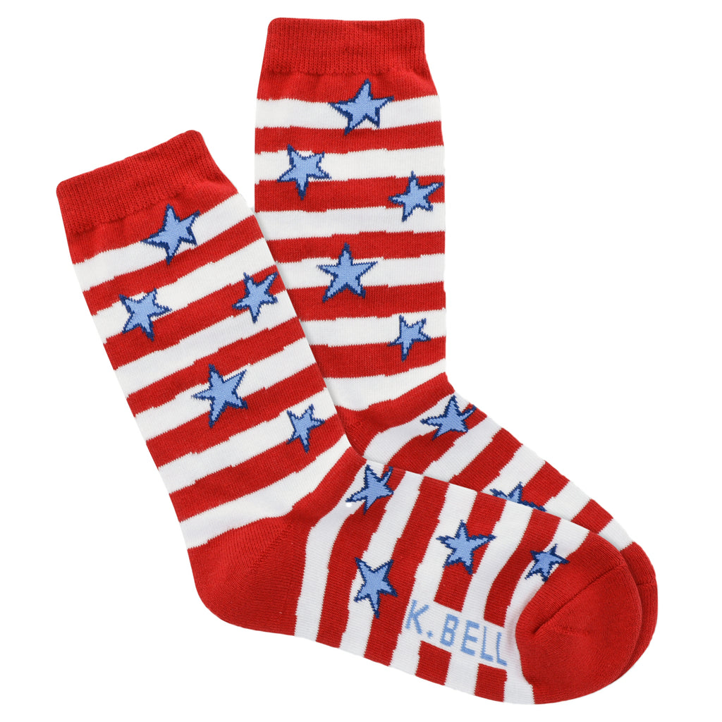 K Bell American Made 2021 Stars and Stripes for Women have Red and White Stripes from Cuff to Toes. Blue Five Point Stars randomly cascade down the Sock.