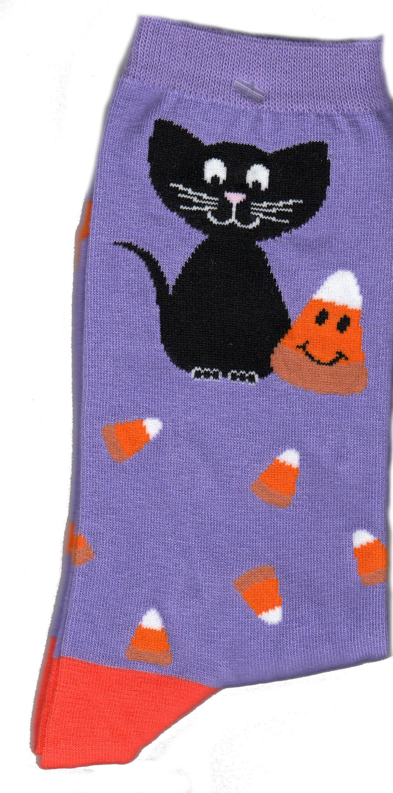 On a Purple background is a Large Black Cat next to an Extra Large Candy Corn. The Candy Corn is Autumn Colors of White, Orange and Brown