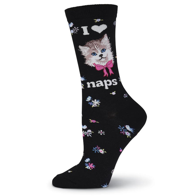 K Bell I Love Cat Naps Sock is Black with the saying of I then a Graphic Heart for Love, then a cute Graphic of a Cat in White and Browns with Pink Bow and below says Naps.
