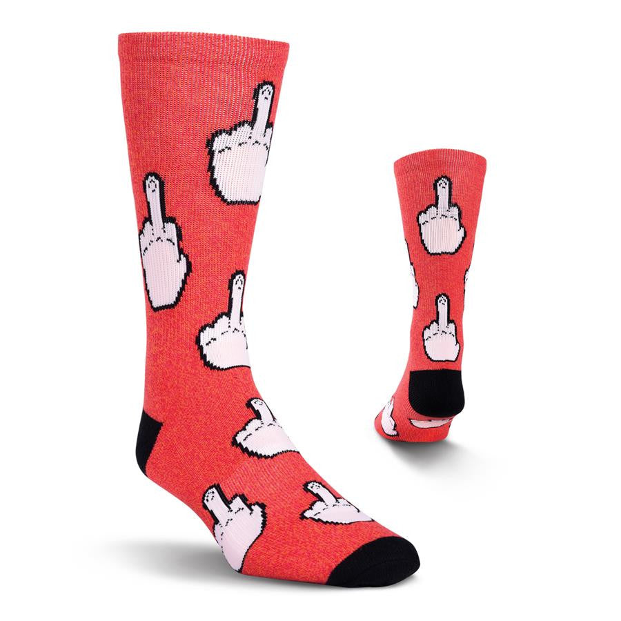 Kurb Big Bird is on a Tri-Red Colored background with Black Cuffs, Heels and Toes. The Hand is Flesh color with that Middle Finger Flying. Black outlines the Hand.