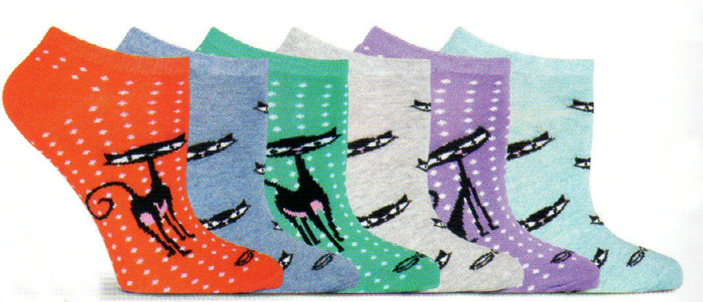 K Bell Shag Cat Pin Dot No Show Socks have the cutest sly looking cats on these 6 No Show Socks. 3 have White Pin Dots with a full Black Cat, the other 3 have Solid Colored Socks with Cat Faces. They come in Red, Denim,Turquoise, Light Grey, Lilac and Mint.