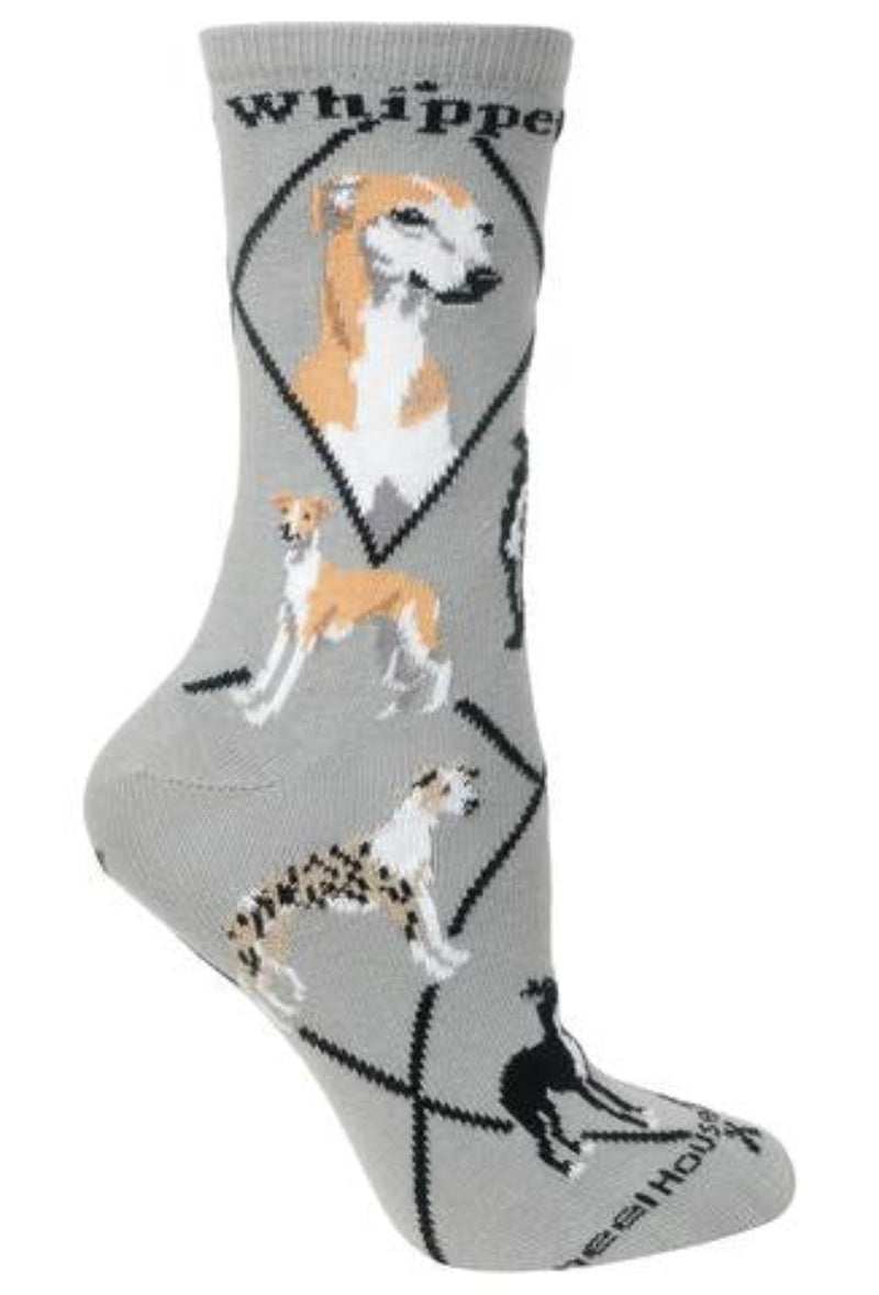 Wheel House Designs Whippet Sock starts on a Grey background and has Black Lines that make Diamonds. On Both side of the Sock reads in bold Black print Whippet. Then there are two Portraits of the Whippet one Frontal and one Profile. All the Poses of the Whippets going down the Sock are Standing but all all different colors That the Whippet can come in there are 18. Some are Black and White, some are mostly Fawn and White.