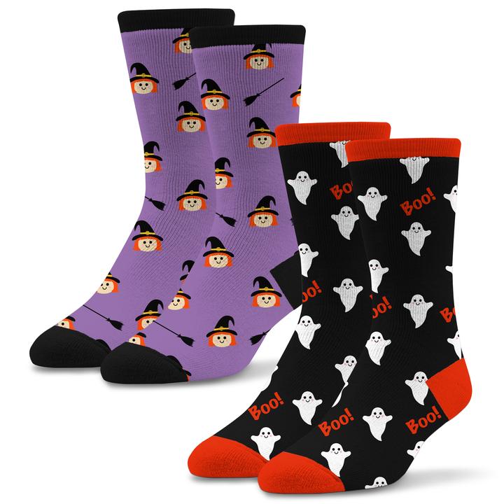 Socktastic Womens 2 Pair Pack Witches and Ghosts All Over Socks start with Witches All Over in Rose Quartz background and Black Cuffs, Heels and Toes. The Brooms are all Black. The Witches are in Rows with just their Heads and Hats. She is a Happy Witch with Coquelicot Hair. Her Hat is Black with a Goldenrod Buckle. The Ghosts All Over Sock has a Black background with Coquelicot Cuffs, Heels and Toes, Also the "BOO!" The Ghosts are Bright White.