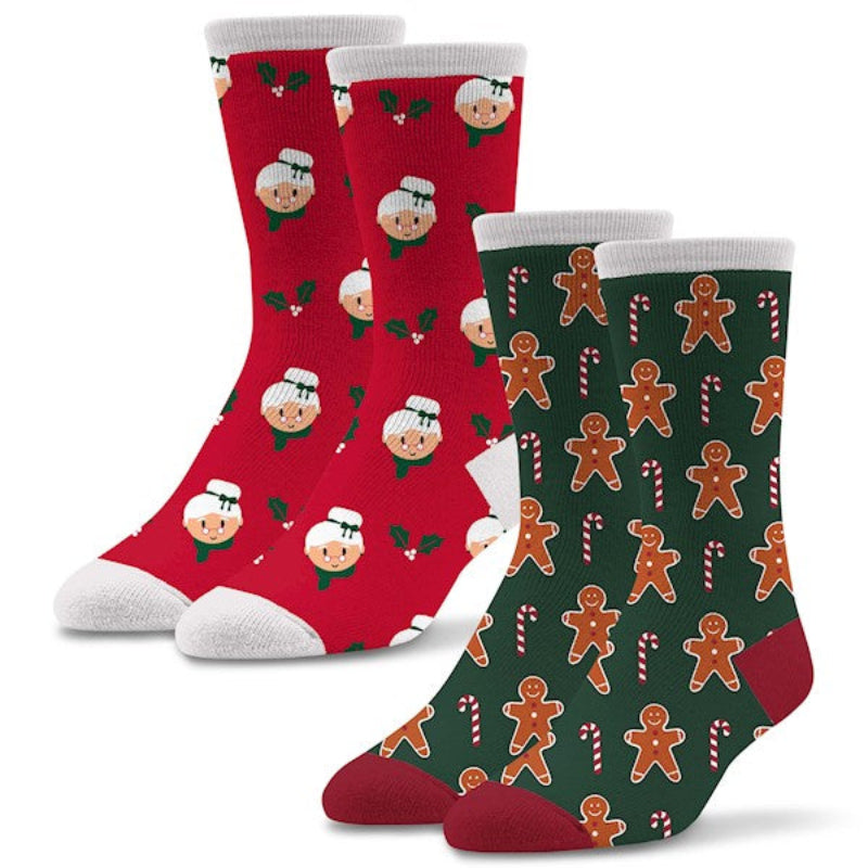 This 2 Pair Pack from Socktastic starts with Mrs. Clause. On all Red background with White Cuffs, Heels and Toes. Mrs. Clause has her White Hair up in a Bun. Wearing Green trim around her Hair and Neck. Holy is also around the Sock. Gingerbread Man Sock is Green with a Dark Red Heel and Toes and White Cuffs. The Gingerbread Man is Brown and has Red and White Candy Canes all around him.