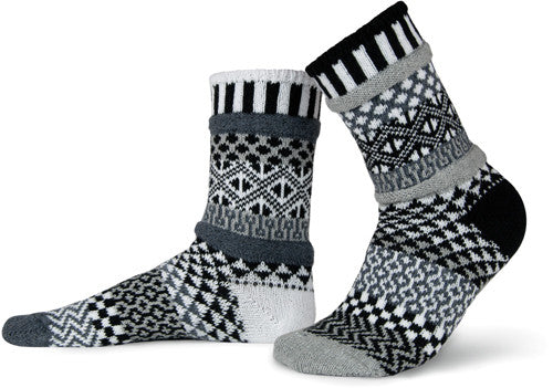 Solmate Socks Stellar Series Midnight Sock is a Mismatched Sock with Black and White, Dark and Light Greys.