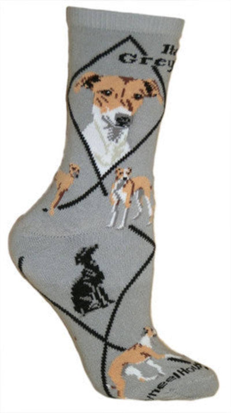 On a Grey background starts the Italian Greyhound. In Black Bold print is its name and Diamond Lines are Black. The Portraits are both in Fawn and Cream with White, Grey and Black. The Poses are Standing, Sitting, Laying down and Walking in all the colors this dog comes in,