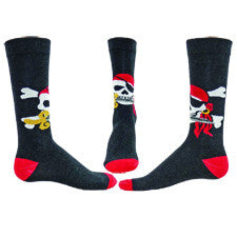 This picture shows Left, Right and Center of Wright Avenue Mens Buccaneer Sock. This Buccaneer looks happy in his Skull which is White with a Black Patch over one eye. He has a nice dagger in his mouth a Red Bandana over his head and a Gold Earring. Behind you see the Crossbones.