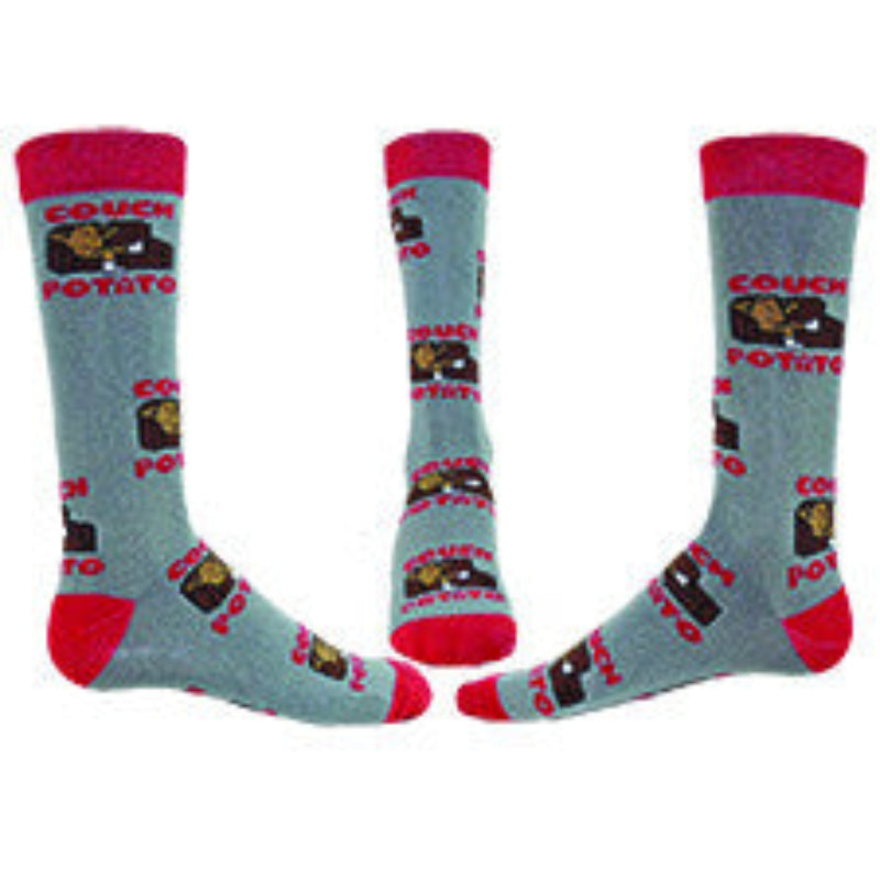 Wright Avenue Mens Couch Potato Sock is Medium Grey with Dark Red Cuffs, Heels and Toes. The Couch is Dark Brown, The Potato is Light Brown with Dark Brown eyes all over with legs and white shoes. Arms are up and behind neck. Couch Potato is written in Bold Red Letters.