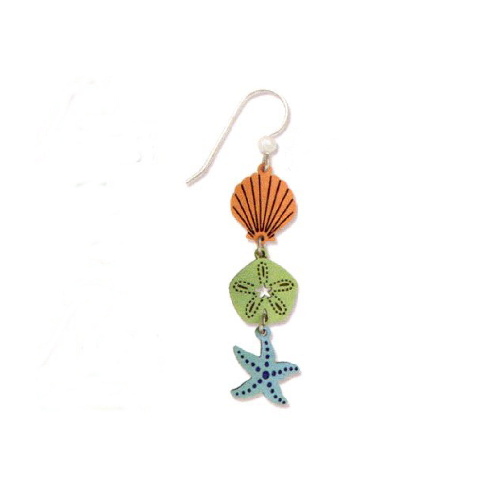Earring with shell, sand dollar, and starfish design on a white background