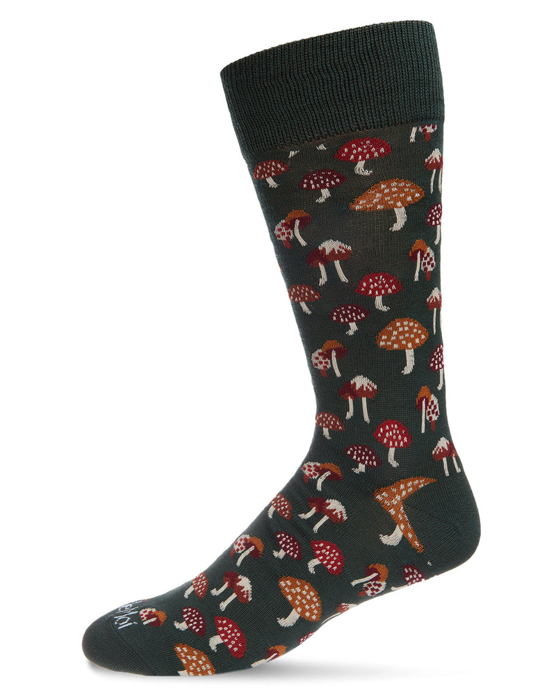 Sock with mushroom pattern on a Rosin (deep green brown) background