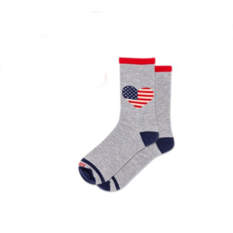 Gray sock with a heart-shaped American flag design on a white background