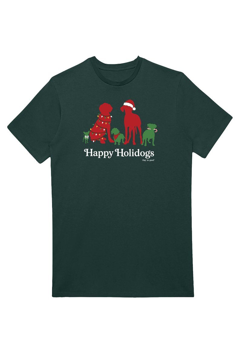 A dark green short-sleeve crewneck t-shirt featuring a Christmas-themed graphic of five dogs dressed in holiday attire with the text 'Happy Holidays' and 'The Dog Life' printed below.