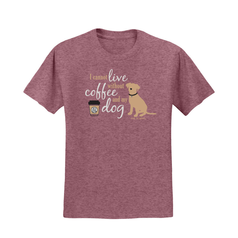 Maroon t-shirt with text 'I cannot live without coffee and my dog' and a dog illustration on a white background