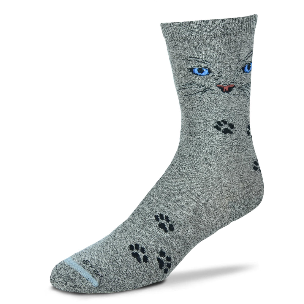 Grey Marbled Sock with Cat Face of Blue Eyes, Pink Nose and Many Paw Prints on a White Background.
