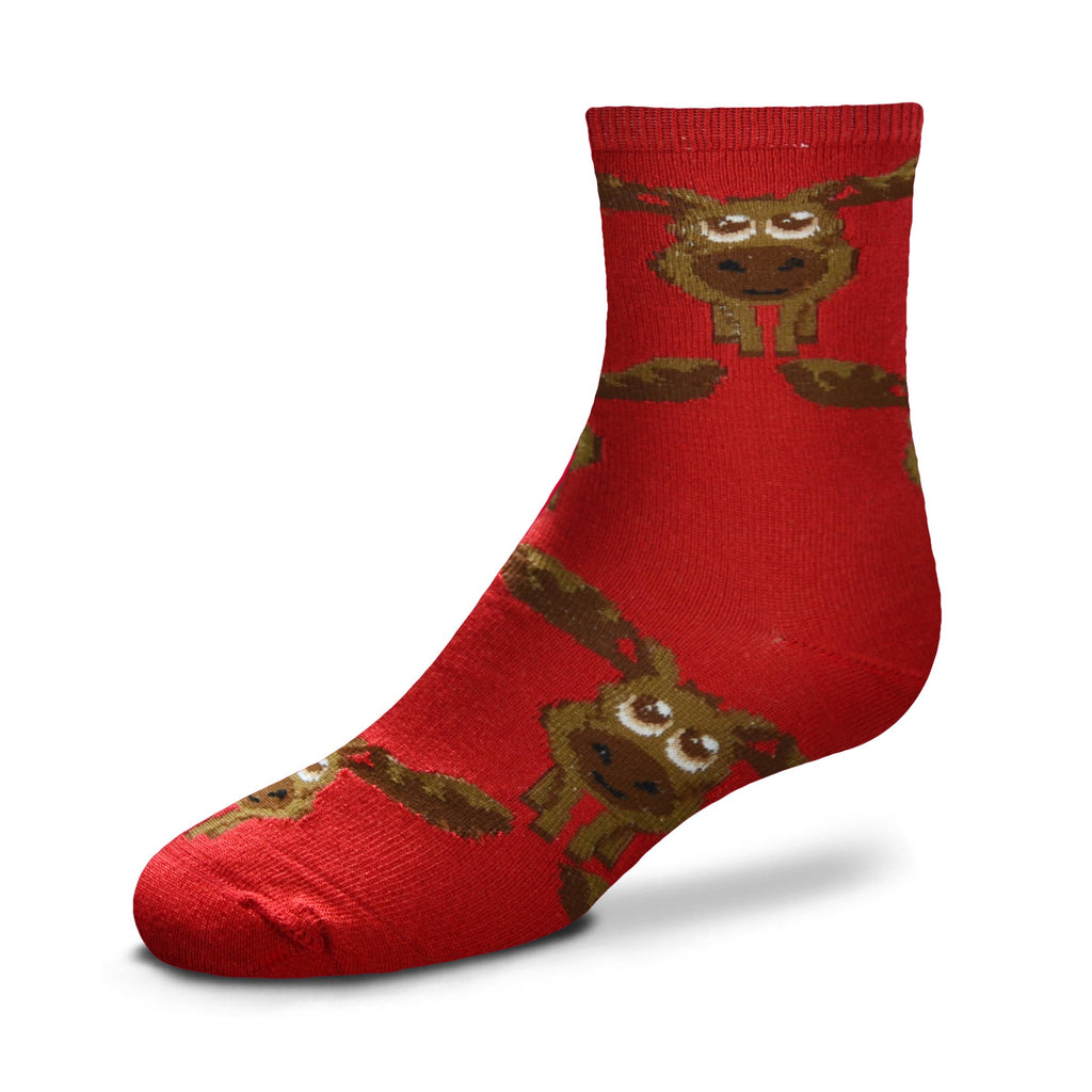 Medium Red Sock with Moose Jumbo Eyes All Over on a Cream background.