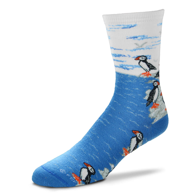 Blue sock with puffin design on a white background