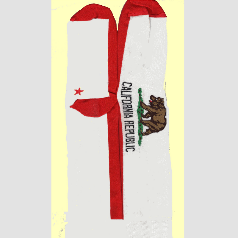 The two FBF California Flag Socks put together to show the whole sock. The Bear and California Republic goes down the front of your leg. The Red Stripe runs down your left side the Star is on your Right Side. 