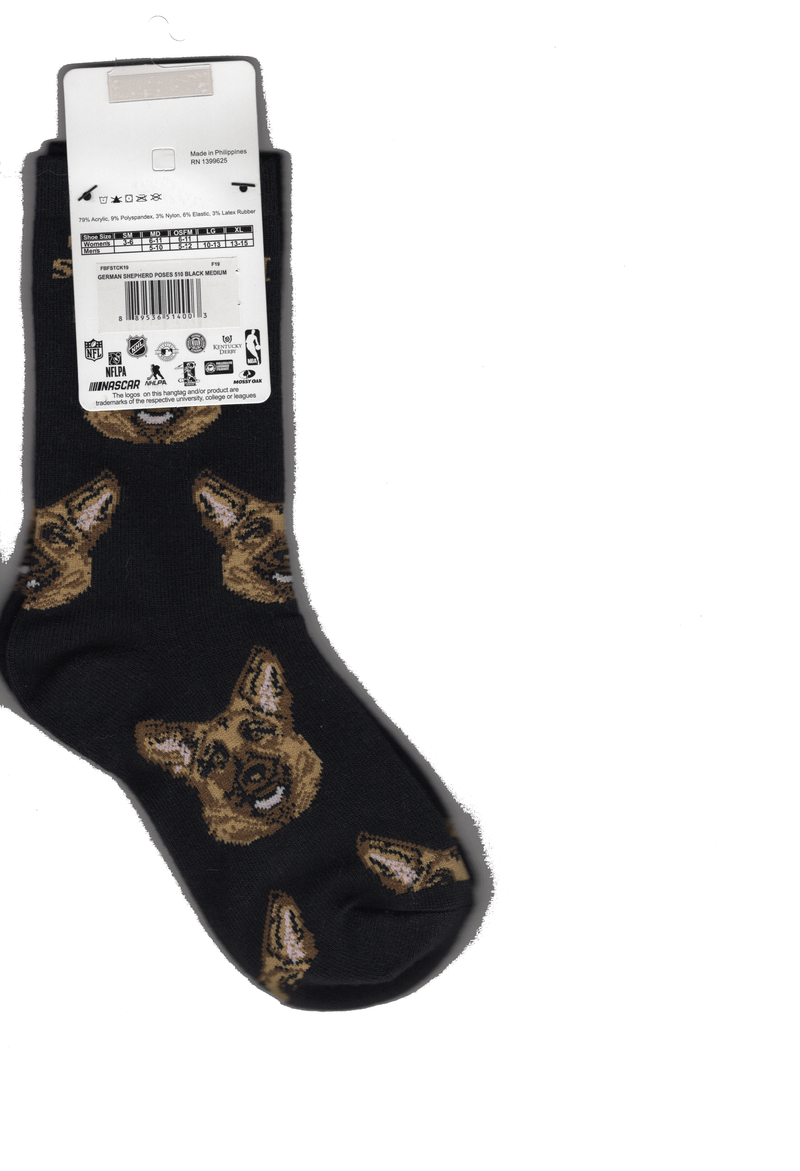 FBF German Shepherd Head Sock with label. Black with Browns showing happy GSD.